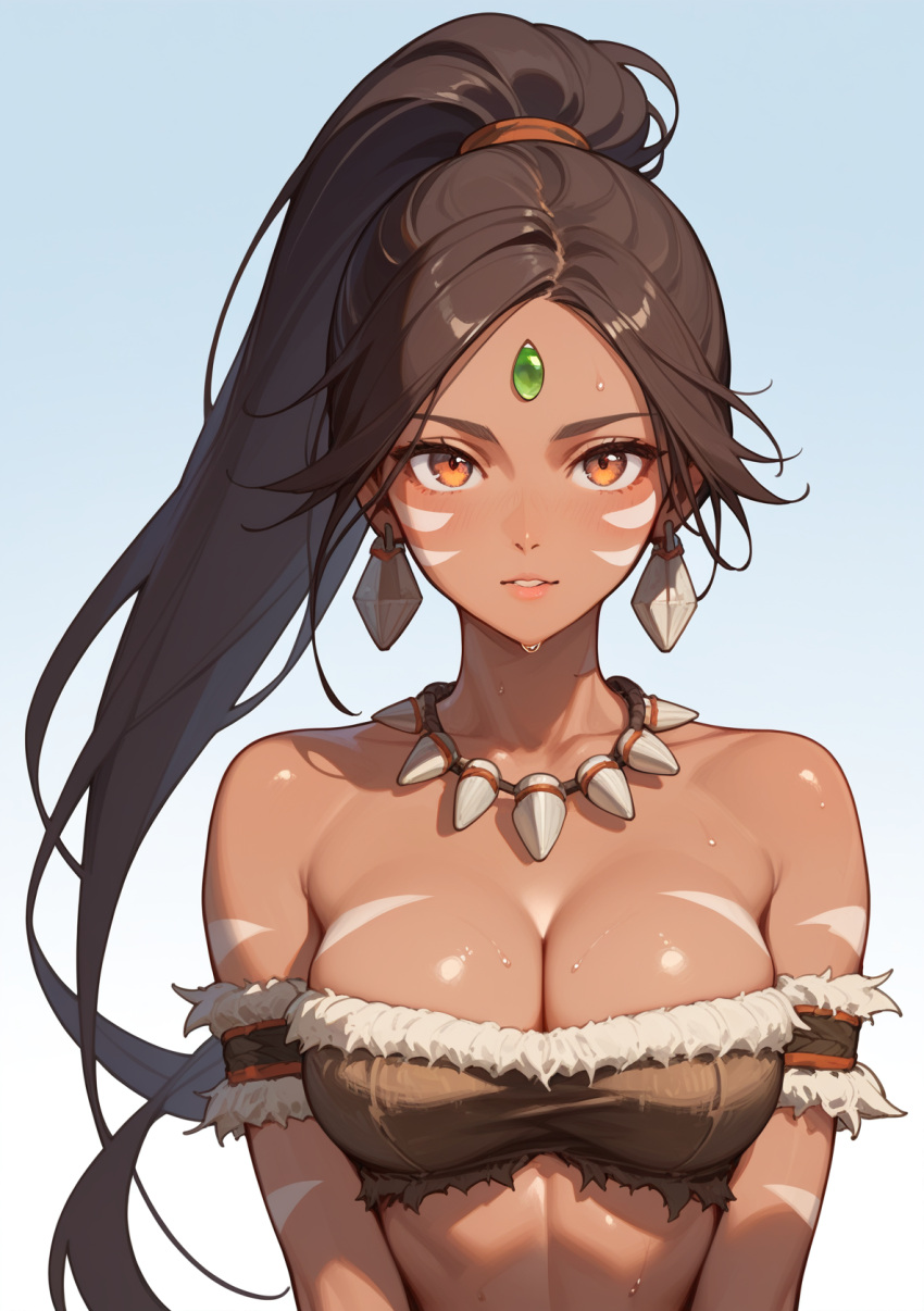 1female 1girls abs ai_generated brown_hair brown_hair_female dark-skinned_female dark_skin ear_piercing ear_piercings ear_ring ear_rings earring earrings female female_abs female_solo forehead_gem forehead_jewel gem_on_forehead hi_res high_res high_resolution highres jewel_on_forehead league_of_legends looking_at_viewer nidalee orange_eyes orange_eyes_female ponytail ponytail_female price_last(artist) riot_games simple_background skimpy skimpy_clothes skimpy_costume skimpy_outfit skimpy_panties skimpy_underwear solo_female solo_focus tooth_necklace tribal_markings tribal_tattoo tribal_tattoos white_background