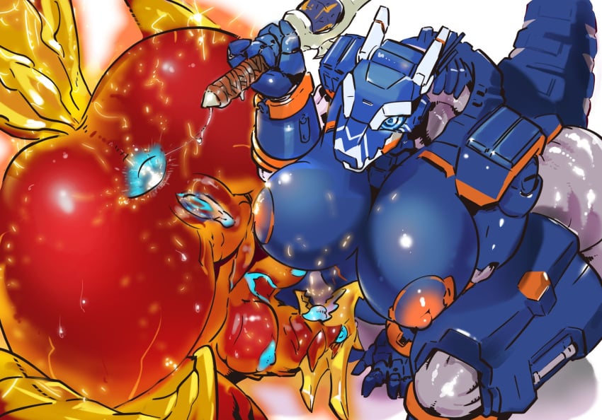 after_sex anal anal_sex anus ass big_breasts big_butt blue_body blue_eyes breasts buttplug dragon duo earth_garon female female/female firdran genitals hi_res kaiju kneeling machine male male/female male_penetrated mecha mythological_creature mythological_scalie mythology nipples object_in_ass pegging penetration plug_(sex_toy) pussy raised_tail red_body robot scalie sex sex_toy sex_toy_in_ass sex_toy_insertion sex_toy_penetration spread_legs spreading superdive43 tail tongue tongue_out toying_partner ultraman_(series) upside-down