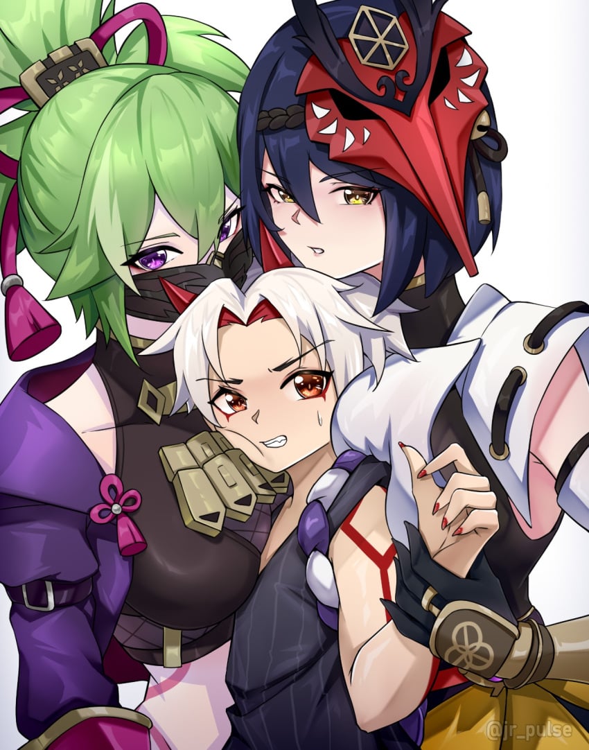 1boy 2girls arataki_itto between_breasts bigger_female breast_press breasts_pressed_against_partner female genshin_impact green_hair height_difference jrpuls3 kujou_sara kuki_shinobu male male/female male/female/female mask oni oni_horns purple_hair red_horns sandwiched smaller_male squish squished_breasts taller_female white_hair