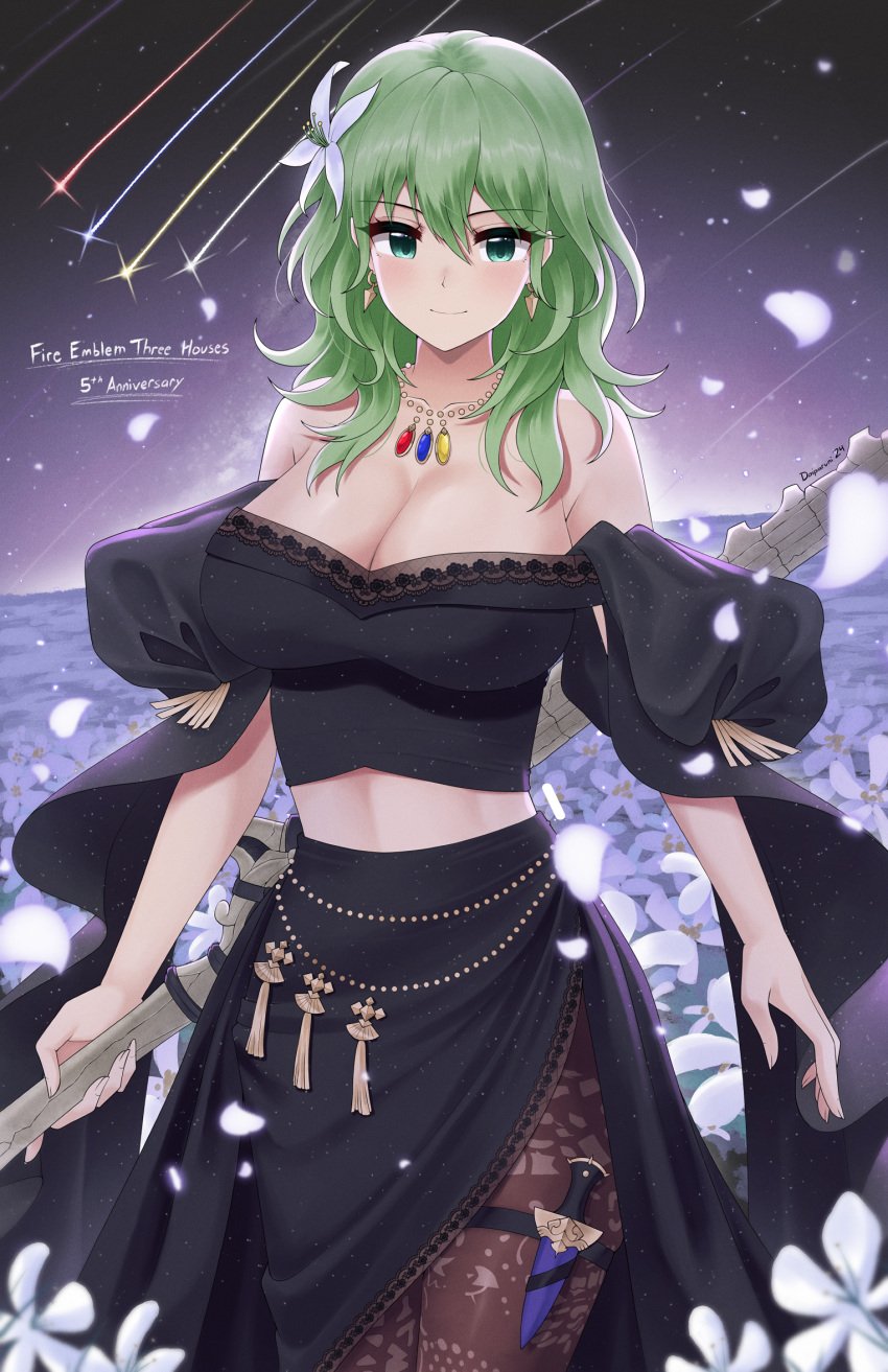 1girls alternate_costume bare_shoulders belly_chain black_dress black_shirt black_skirt breasts byleth_(female)_(fire_emblem) byleth_(fire_emblem) cleavage cowboy_shot crop_top dagger doiparuni dress female female female_only fire_emblem fire_emblem:_three_houses flower green_eyes green_hair hair_flower hair_ornament highres holding holding_sword holding_weapon jewelry knife large_breasts long_hair looking_at_viewer midriff necklace nintendo off-shoulder_shirt off_shoulder pantyhose shirt short_sleeves side_slit skirt skirt_set smile solo standing sword sword_of_the_creator thigh_strap weapon white_flower