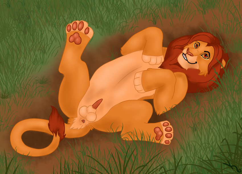 anatomically_correct anus balls color day disney feline feral fur krazinik lion male male_only nude on_back outdoors paws penis sheath simba solo spread_legs spreading the_lion_king