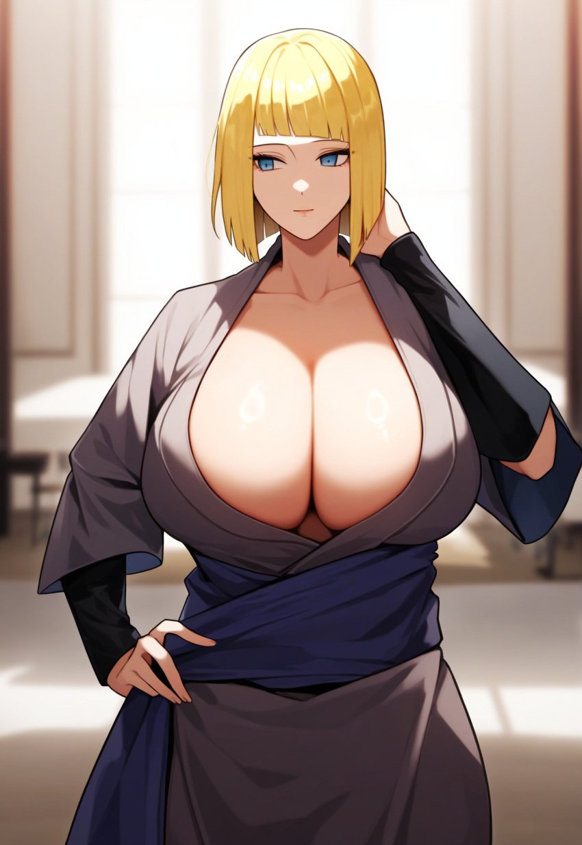 1girls ai_due ai_generated arm_guards big_breasts blonde_hair blue_eyes blunt_bangs blush bob_cut breasts breasts_bigger_than_head busty child_bearing_hips cleavage cowboy_shot dress female female_only fully_clothed hand_on_hip hanging_breasts hi_res hourglass_figure huge_breasts indoors inverted_nipples kunoichi large_breasts large_hips light-skinned_female light_skin looking_away mature mature_female mature_woman milf mommy nai_diffusion narrowed_eyes naruto naruto_shippuden ninja nipples nipples_visible_through_clothing no_bra no_bra_under_clothes oppai pinup plump puffy_nipples sagging_breasts samui sash short_hair stable_diffusion standing top_heavy top_heavy_breasts voluptuous voluptuous_female wide_hips