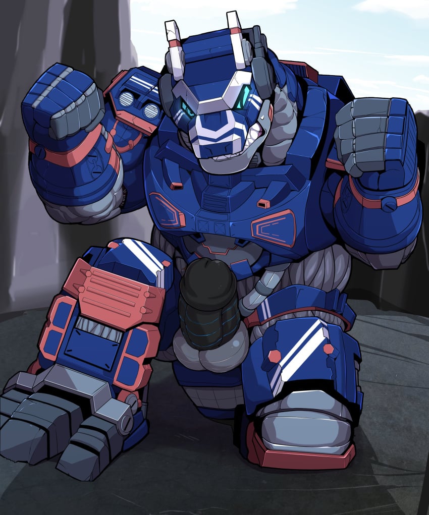 absurd_res balls black_penis blue_body blue_eyes earth_garon fist genitals hi_res kaiju kneeling machine male masculine mecha orangetaming penis restrained restrained_arms robot solo ultraman_(series)