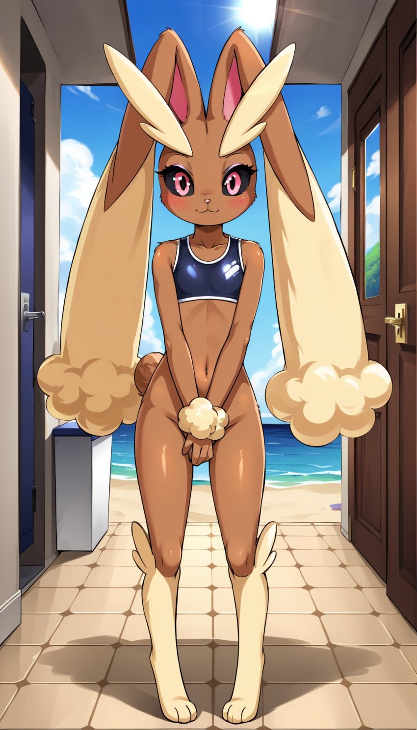1girls 2024 ai_generated anthro beach black_sclera blushing bottomless bottomless_female brown_fur cotton_tail covering covering_crotch digitigrade eyeshadow female female_only generation_4_pokemon hi_res lopunny lost_bikini_bottoms nintendo pink_eyes pokemon pokemon_(species) purple_eyeshadow rabbit request sea smaller_female smile swimsuit yodayo young younger_female