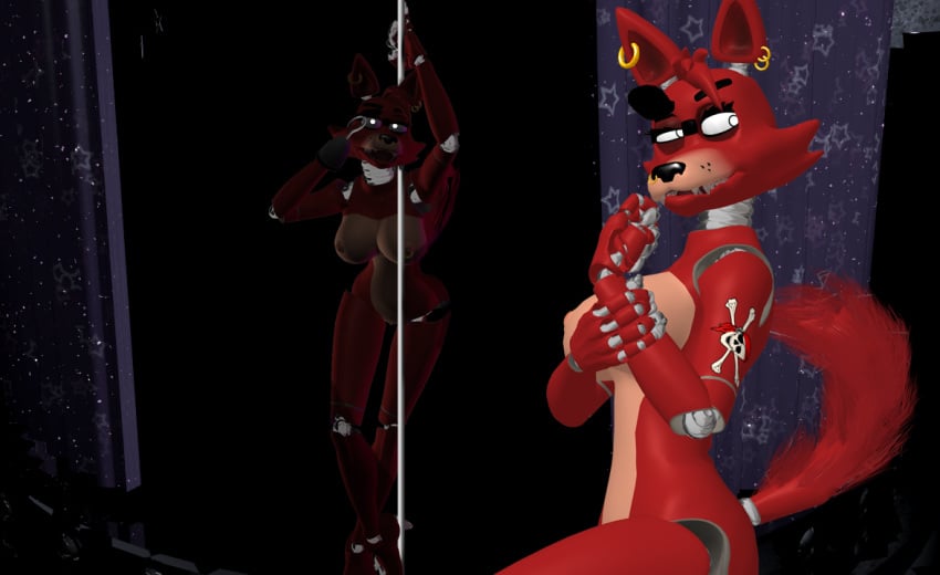 3d animatronic disembowell_(artist) eye_patch five_nights_at_freddy's fox foxy foxy_(disembowell) foxy_(fnaf) hook_hand pirate_cove pole red_body red_fur robot rule_63 solo tagme tattoo tattooed_arm vixen