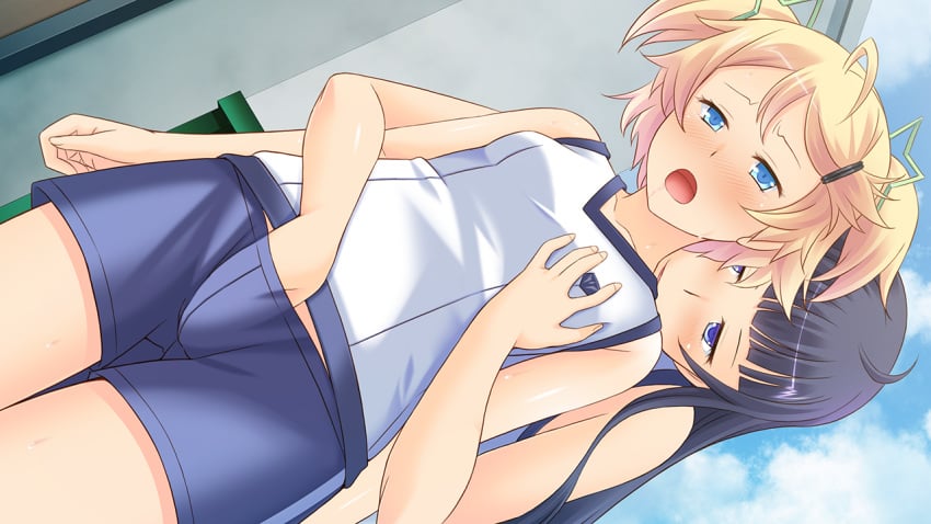 2girls black_hair blonde_hair blue_eyes blush breast_grab breasts clothing club_d drooling female fingering fingering_from_behind game_cg gym_uniform hand_under_clothes hand_under_shorts highres honda_naoki legs long_hair multiple_girls naughty_face open_mouth outside reach_around saliva shimoda_hibari short_hair shorts small_breasts smile standing thighs tied_hair twintails watarai_mikoto yuri