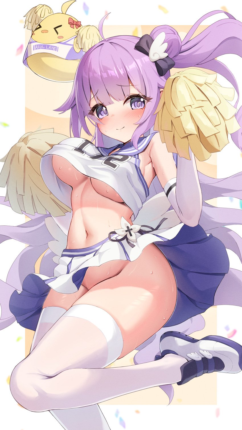 absurdres ahoge azur_lane blush bow breasts cheerleader closed_mouth commentary_request confetti crop_top cropped_shirt elbow_gloves female floating_hair gloves hair_bun hairbow highres holding holding_pom_poms humo leg_up loli long_hair looking_at_viewer manjuu_(azur_lane) navel no_panties official_alternate_costume pleated_skirt pom_pom_(cheerleading) pom_poms purple_eyes purple_hair purple_sailor_collar sailor_collar shirt shoes single_side_bun skirt sleeveless sleeveless_shirt solo stomach sweat thighhighs thighs two-tone_skirt underboob unicorn_(azur_lane) unicorn_(champion_of_unicorn)_(azur_lane) white_footwear white_gloves white_shirt white_skirt white_thighhighs