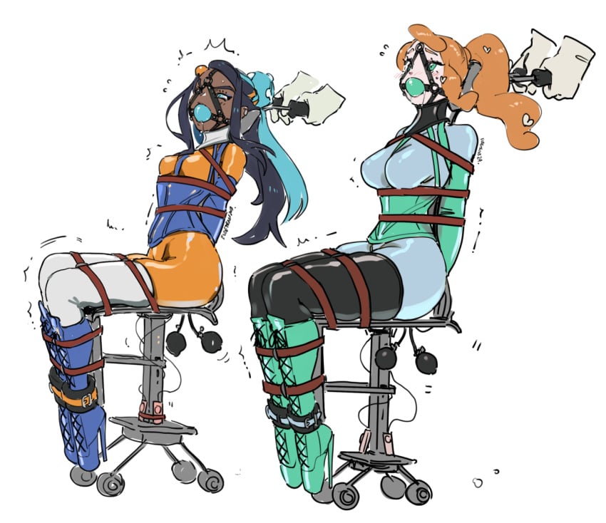 2girls ball_gag bondage bound chair drooling eudetenis female femsub gag gagged human multiple_girls nessa_(pokemon) nintendo pokemon pokemon_ss restrained sex_toy sonia_(pokemon) sweat tied_to_chair tied_up trembling vibrator