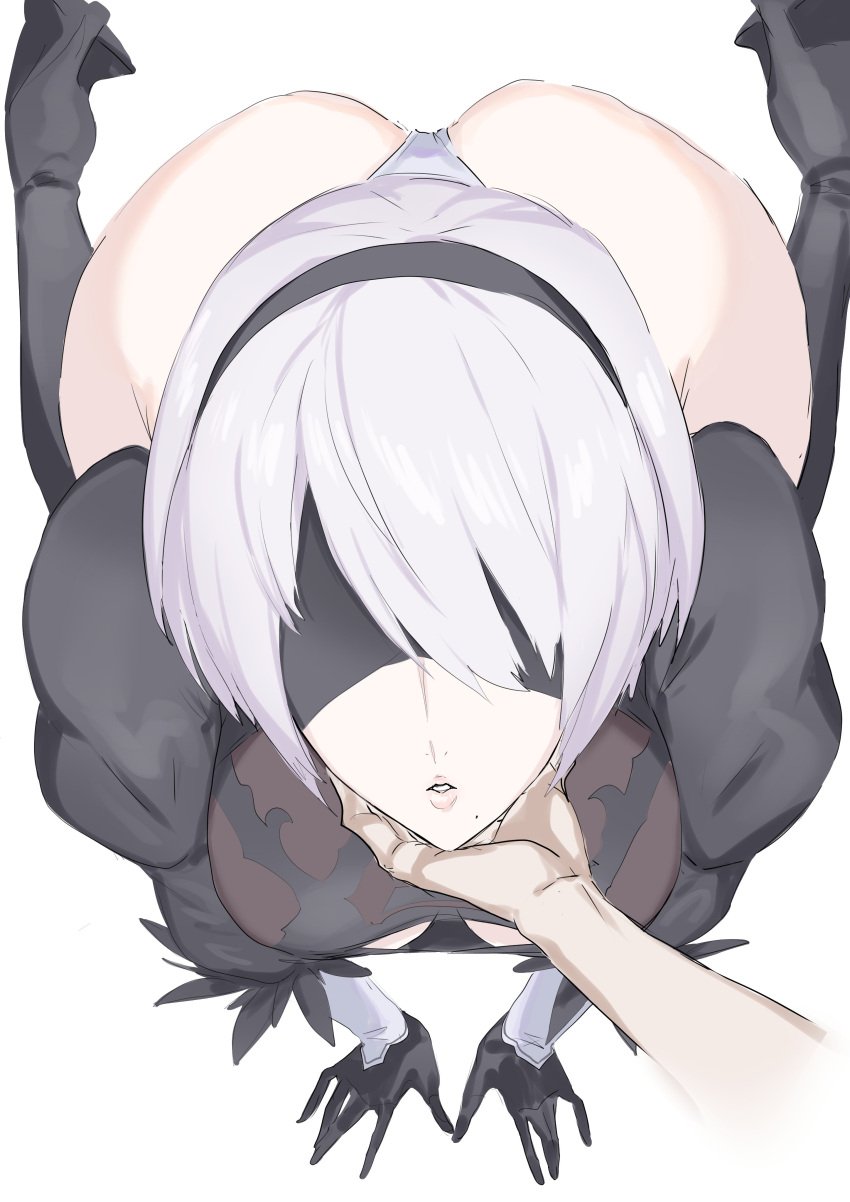 1girls ass ass_focus female holding_face kneeling leotard light-skinned_female light_skin lips looking_at_viewer looking_up moginiki nier nier:_automata on_the_floor open_mouth pov touching_face white_background white_hair yorha_2b