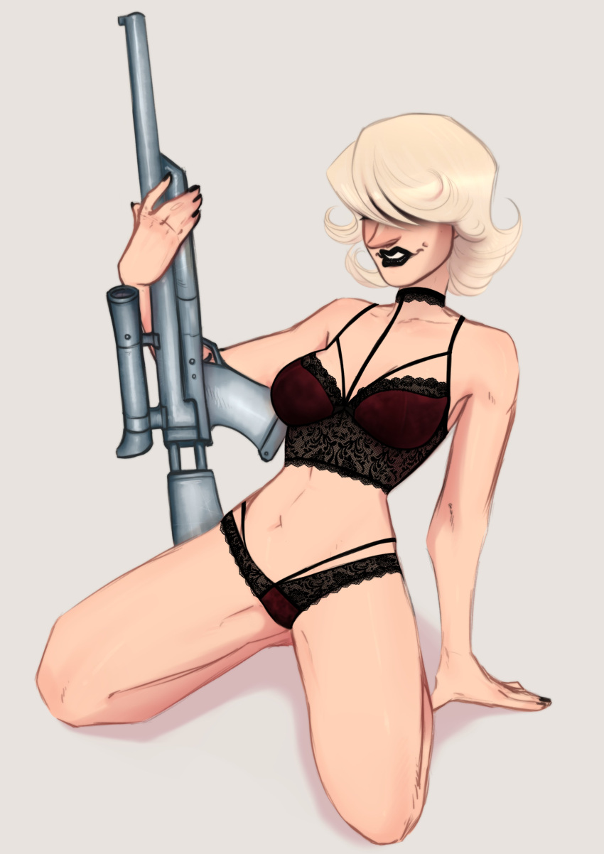 1girls black_lipstick blonde_hair blonde_hair blonde_hair_female color colored curly_hair curly_hair_female female female female_focus female_only gun hihih homestuck large_nose lipstick long_nose looking_at_viewer makeup mom_lalonde nude nude_female nudity roxy_lalonde short_hair short_hair_female sniper sniper_rifle solo solo_female