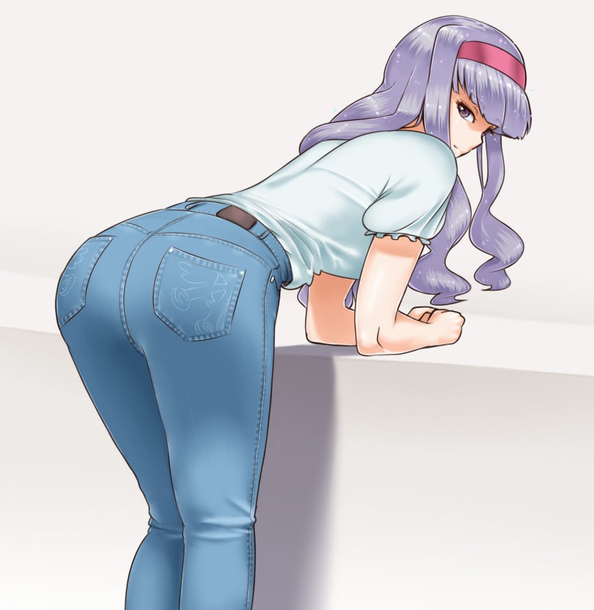 1girls ass bent_over big_ass blaccura burakku-ra denim denim_jeans female hairband highres idolmaster idolmaster_(classic) jeans legs_together long_hair looking_at_viewer looking_back pants purple_eyes shijou_takane silver_hair solo