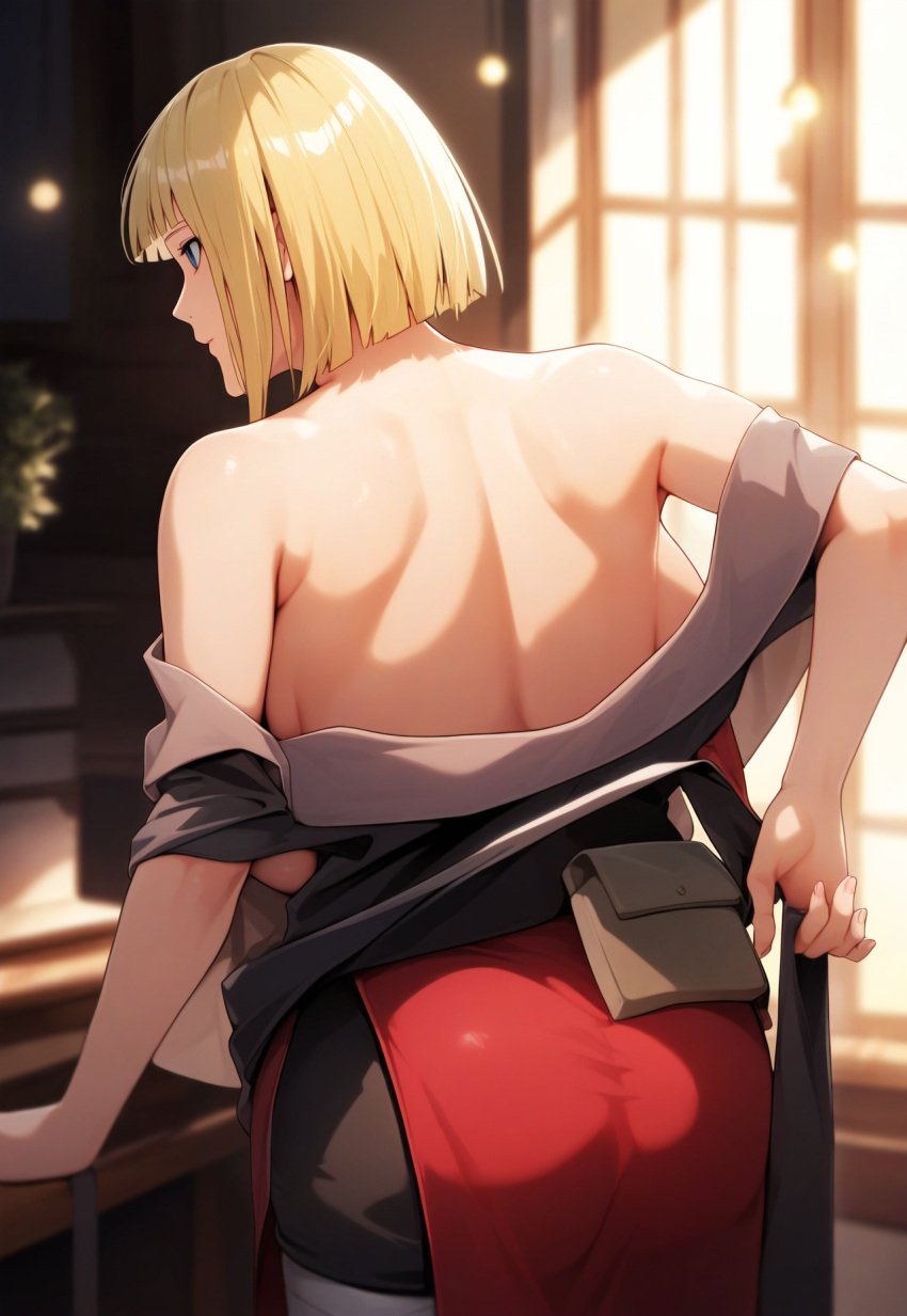 1girls ai_due ai_generated arm_guards bare_back bare_breasts bare_shoulders big_breasts blonde_hair blue_eyes blunt_bangs blush bob_cut breasts breasts_bigger_than_head breasts_out busty child_bearing_hips cleavage cowboy_shot dress exposed_breasts female female_only from_behind fully_clothed hand_on_hip hanging_breasts hi_res hourglass_figure huge_breasts indoors inverted_nipples kunoichi large_breasts large_hips light-skinned_female light_skin mature mature_female mature_woman milf nai_diffusion narrowed_eyes naruto naruto_shippuden ninja nipples nipples_visible_through_clothing no_bra no_bra_under_clothes oppai pinup plump puffy_nipples rear_view sagging_breasts samui sash short_hair stable_diffusion standing top_heavy top_heavy_breasts viewed_from_behind visible_nipples voluptuous voluptuous_female wide_hips