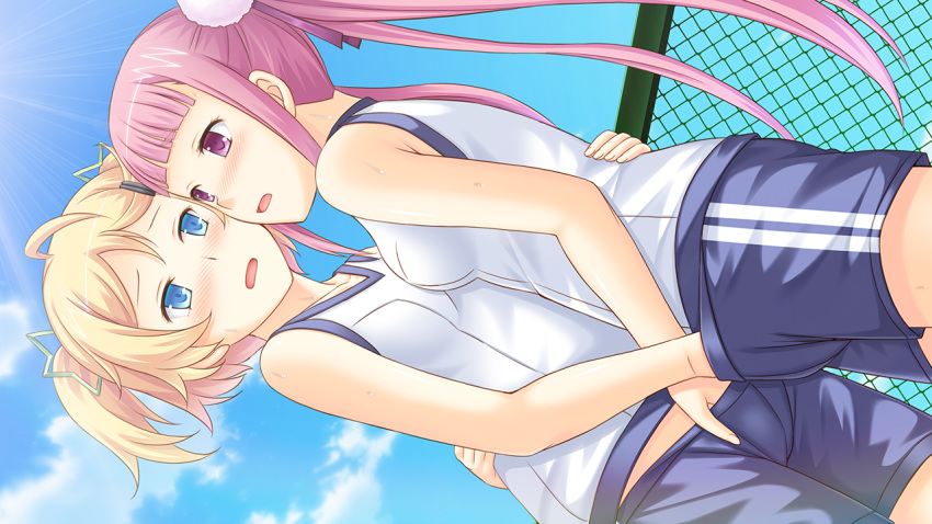 2girls blonde_hair blue_eyes blush breasts cloud club_d female fence fingering game_cg gym_uniform hand_under_clothes hand_under_shorts highres honda_naoki hug legs long_hair multiple_girls mutual_masturbation nakamura_yui open_mouth outdoors outside pink_eyes pink_hair shimoda_hibari short_hair shorts sky small_breasts standing sunlight thighs tied_hair twintails yuri