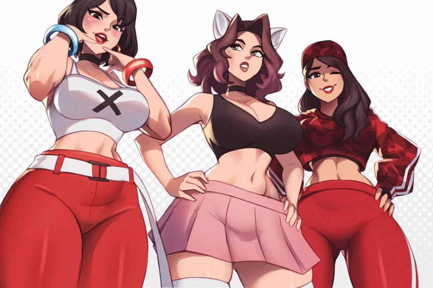 3girls alyssa_bandicoot_(oc) animal_ears big_breasts black_hair bracelets cap choker clothed clothing cropped_hoodie evie_(fortnite) female_only fortnite fortnite:_battle_royale looking_at_viewer magaska19 pink_skirt red_pants red_yoga_pants ruby_(fortnite) short_skirt tank_top uo white_belt wink winking_at_viewer yoga_pants