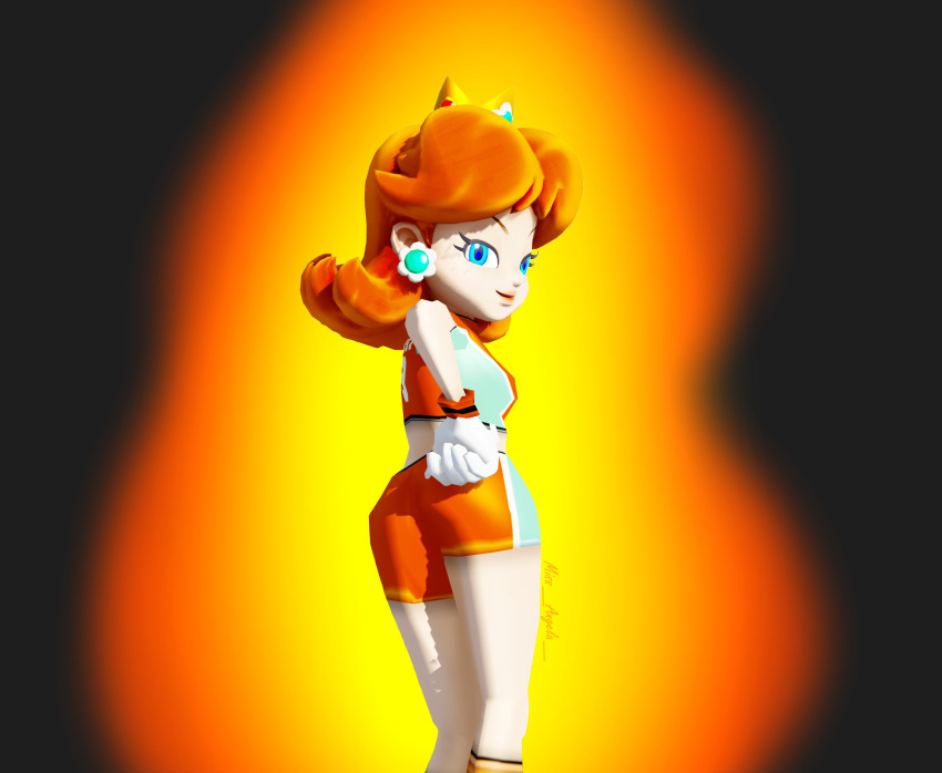 3d blue_eyes breasts brown_hair clothing crop_top crown daisy's_hot_stuff_(trend) earrings female flipped_hair flower_earrings footwear gloves hand_on_hip headwear jewelry long_hair looking_at_viewer looking_back mario_(series) mario_strikers midriff nintendo orange_shorts princess_daisy shoes shorts smile solo super_mario_bros. super_mario_strikers tomboy white_gloves