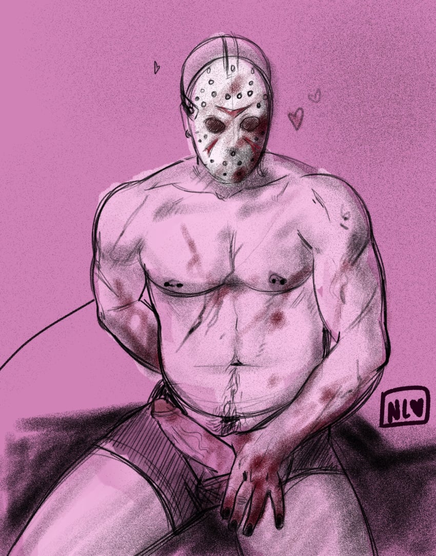 balls bara boner erection friday_the_13th hockey_mask jason_voorhees male male_only mask monochrome muscles muscular notaslxcal penis penis_out shirtless solo solo_male underwear