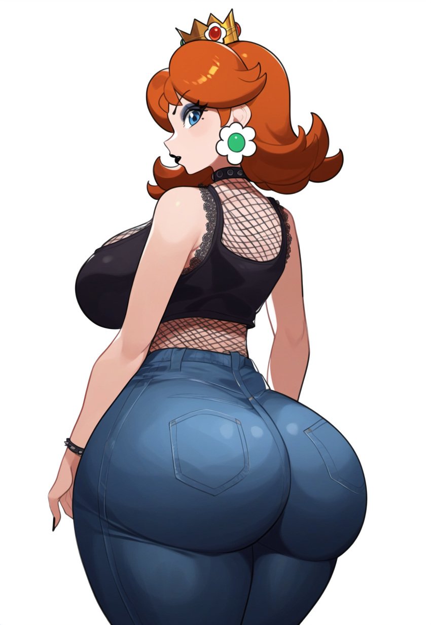 ai_generated black_lipstick blue_eyes brown_hair earrings eyeshadow fishnets huge_ass huge_breasts jeans lubbasdump mario_(series) nintendo princess_daisy red_head super_mario_bros. tight_clothing wide_hips zrhap