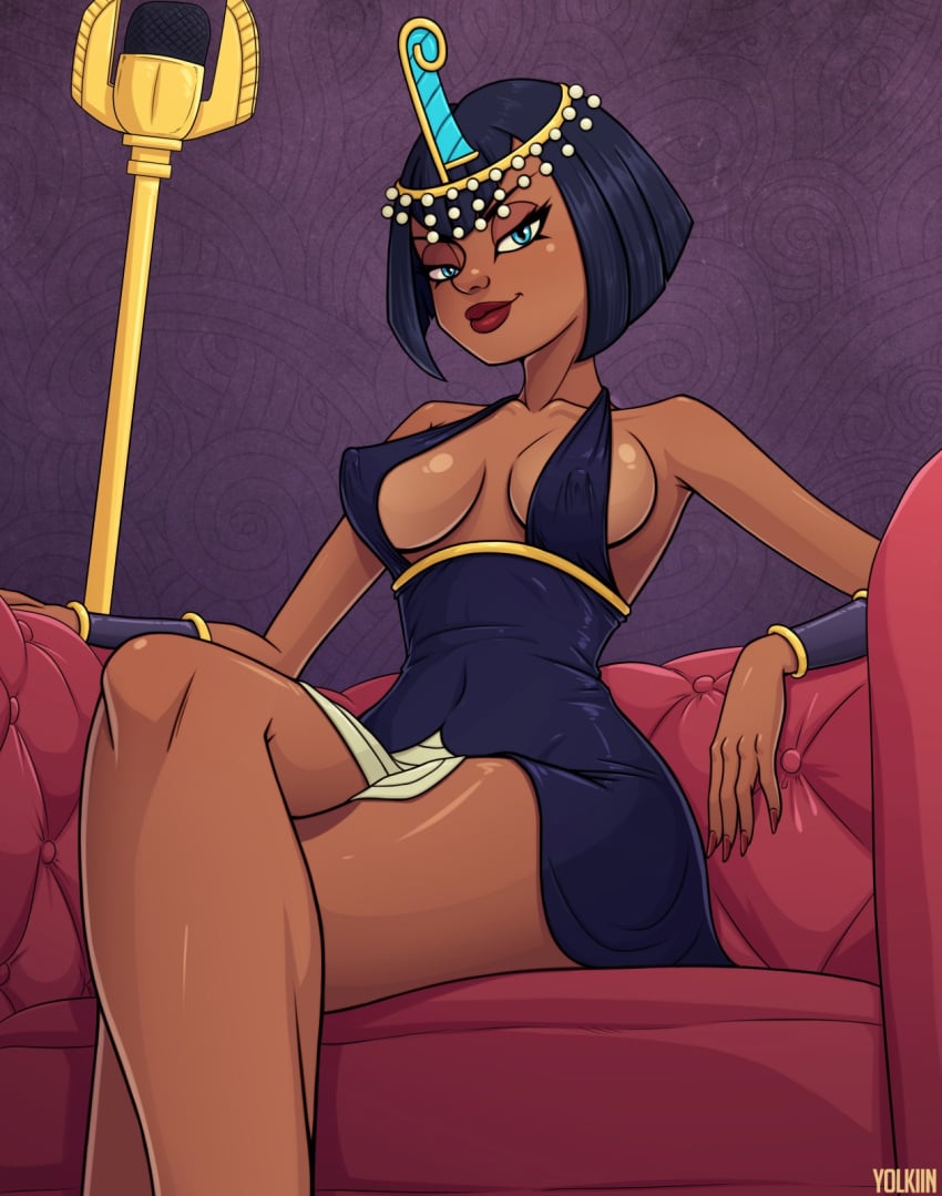 bare_shoulders blue_eyes bob_cut bracelet bracer breasts cleavage clothing couch crossed_legs crown dark-skinned_female dark_skin dress egyptian egyptian_clothes egyptian_headdress eliza_(skullgirls) female female_only furniture halterneck headwear high_resolution jewelry large_breasts lipstick looking_at_viewer makeup medium_breasts short_hair sideboob sitting skullgirls smile solo staff tiara yolkiin