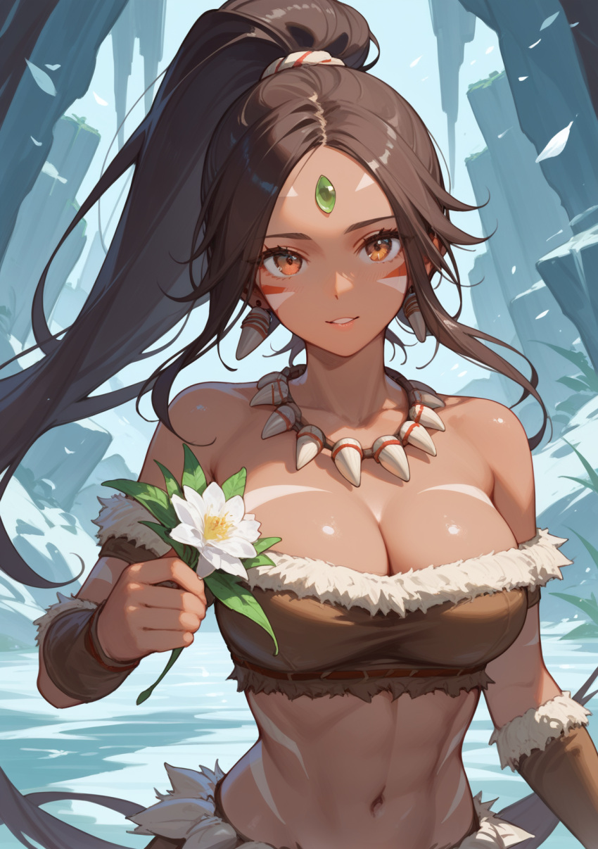 1female 1girl 1girls abs ai_generated brown_hair brown_hair_female dark-skinned_female dark_skin ear_piercing ear_piercings ear_ring ear_rings earring earrings female female_abs female_solo forehead_gem forehead_jewel forest forest_background gem_on_forehead hi_res high_res high_resolution highres jewel_on_forehead jungle jungle_background league_of_legends looking_at_viewer nidalee orange_eyes orange_eyes_female ponytail ponytail_female price_last(artist) riot_games skimpy skimpy_clothes skimpy_costume skimpy_outfit skimpy_panties skimpy_underwear snow snowing solo_female solo_focus tooth_necklace tribal_markings tribal_tattoo tribal_tattoos