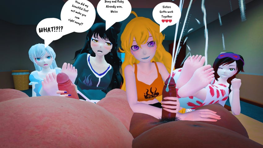 2boys 3d 4girls barefoot black black_hair black_penis blake_belladonna blonde_hair catgirl comic comic_page competition cum cumshot dark-skinned_male dialogue duo ejaculation english_text faunus feet female foot_fetish handjob hetero long_hair multiple_females orgasm pajamas penis presenting_feet rooster_teeth ruby_rose rwby short_hair sisters smile soles team_rwby text toes weiss_schnee white_hair yang_xiao_long