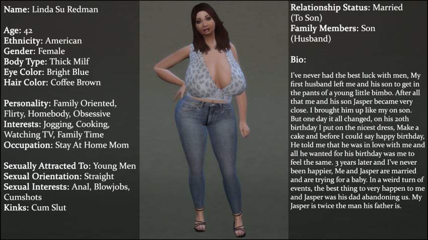 3d american backstory big_breasts big_breasts big_breasts brown_hair character_bio character_name character_profile character_sheet english english_text heels high_heels linda_su_redman(sim_doe) married_woman milf no_sex original_character red_neck revealing_clothes saggy_breasts sexy sexy_pose sim_doe sims sims4 sims_4 step-incest stepcest the_sims the_sims_4 thick thick_ass thick_hips thick_legs thick_lips thick_thighs