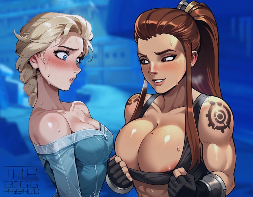 2girls ai_generated blush breast_envy breast_size_comparison breast_size_difference breast_sucking_envy breast_sucking_invitation brigitte_lindholm cleavage elsa_(frozen) female/female frozen_(film) huge_breasts lesbian overwatch small_breasts thabiggpaybacc yuri