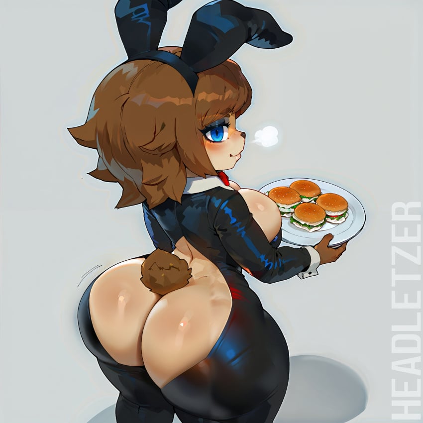 1girls ai_generated big_ass blue_eyes female female_only fredina's_nightclub fredina_(cally3d) furry furry_female furry_only headletzer holding_plate looking_at_viewer reverse_bunnysuit simple_background tagme