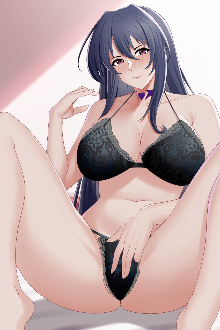 akeno_himejima aslindsamure big_breasts black_bra black_hair black_lingerie black_thong blush breasts cleavage female female_only floral_print glossy_lips high_school_dxd long_hair purple_eyes smile spread_legs tattoo