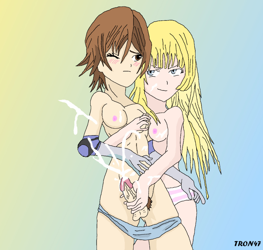 blonde_hair blue_eyes blue_panties blush breasts brown_eyes brown_hair cum cum_on_arm cum_on_breasts cum_on_face cum_on_hand cum_on_penis ejaculation emilie_de_rochefort futanari intersex kazama_asuka panties panties_around_leg penis striped striped_panties tekken tron47_(artist)