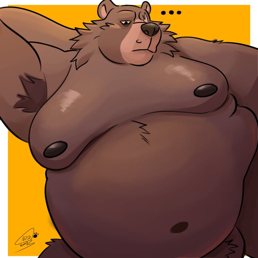 1:1 2025 absurd_res anthro armpit_hair balls bear belly ben_bigger body_hair brown_body brown_fur digital_media_(artwork) ellipsis fur genitals hand_behind_head hi_res kumathedogbear male male_focus mammal mihoyo moobs nipples nude_male overweight overweight_anthro overweight_male pronounced_browridge scar solo solo_male zenless_zone_zero