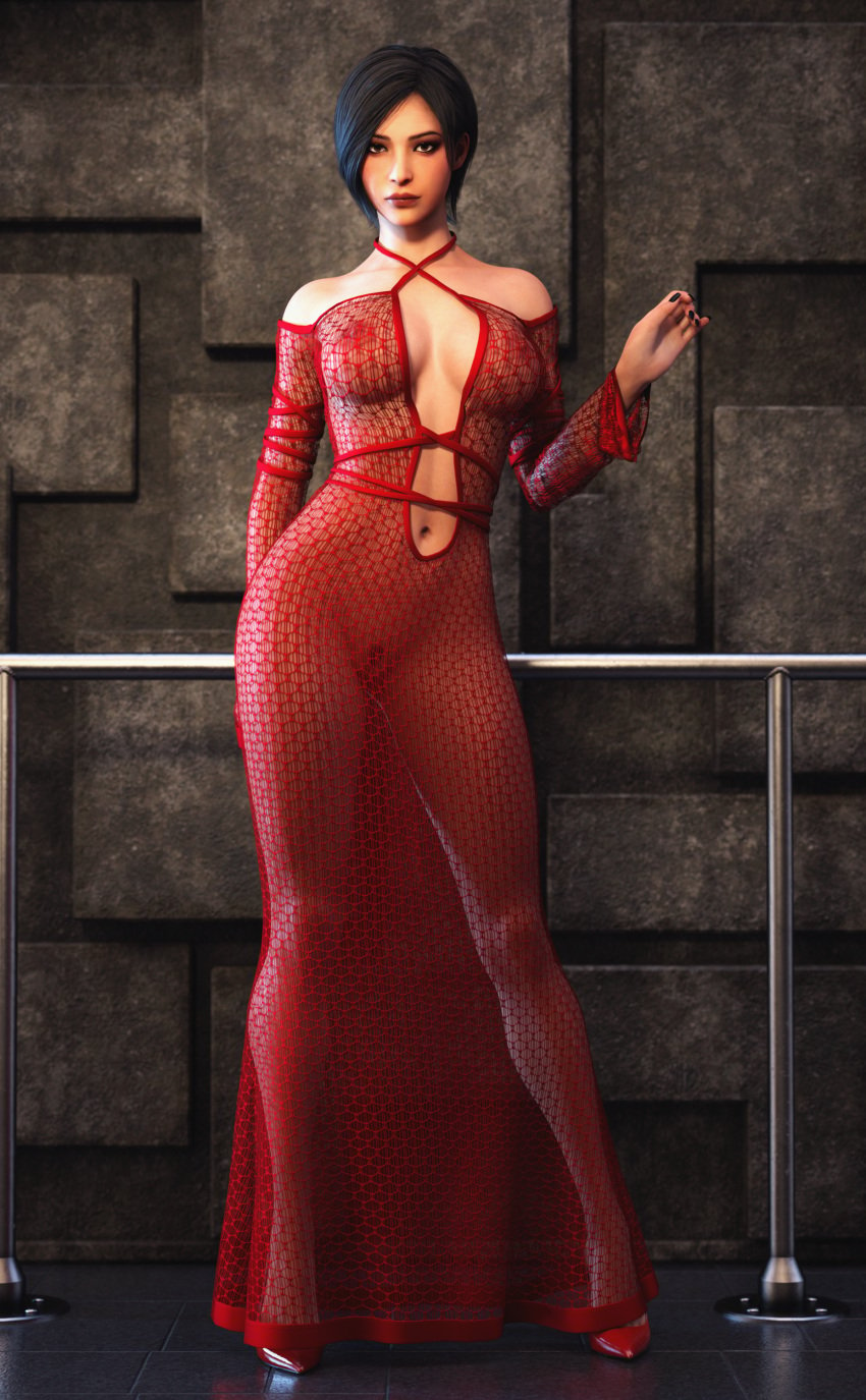 3d 3d_(artwork) 3d_model 3d_render ada_wong ada_wong_(adriana) asian asian_female belly_button black_hair cleavage dress fit_female high_heels looking_at_viewer nipples_visible_through_clothing painted_nails posing posing_for_the_viewer pubic_hair pussy_visible_through_clothes red_high_heels resident_evil resident_evil_4 resident_evil_4_remake see-through see-through_clothing see-through_dress short_hair soulartmatter