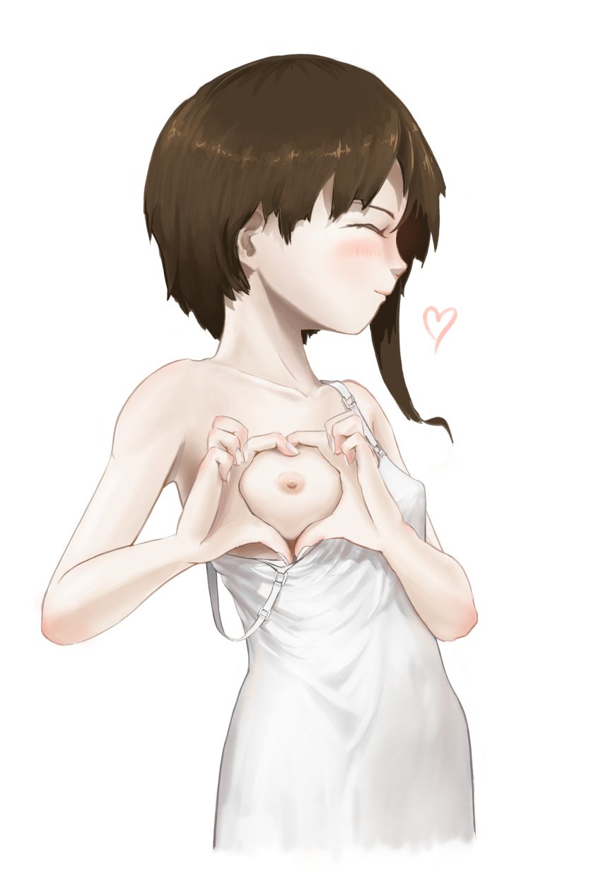 1girls bare_shoulders belly_button belly_button_visible_through_clothing blush blush_lines blushing boob_heart breast_focus breasts brown_hair camisole closed_eyes closed_mouth clothed clothing_aside collarbone erect_nipples exposed_breasts head_turned heart_symbol holding_breast holding_own_breast lain_iwakura nipple_bulge nipples nipples_visible_through_clothing no_bra no_bra_under_clothes serial_experiments_lain simple_background smile smiling trashman333 white_background white_camisole