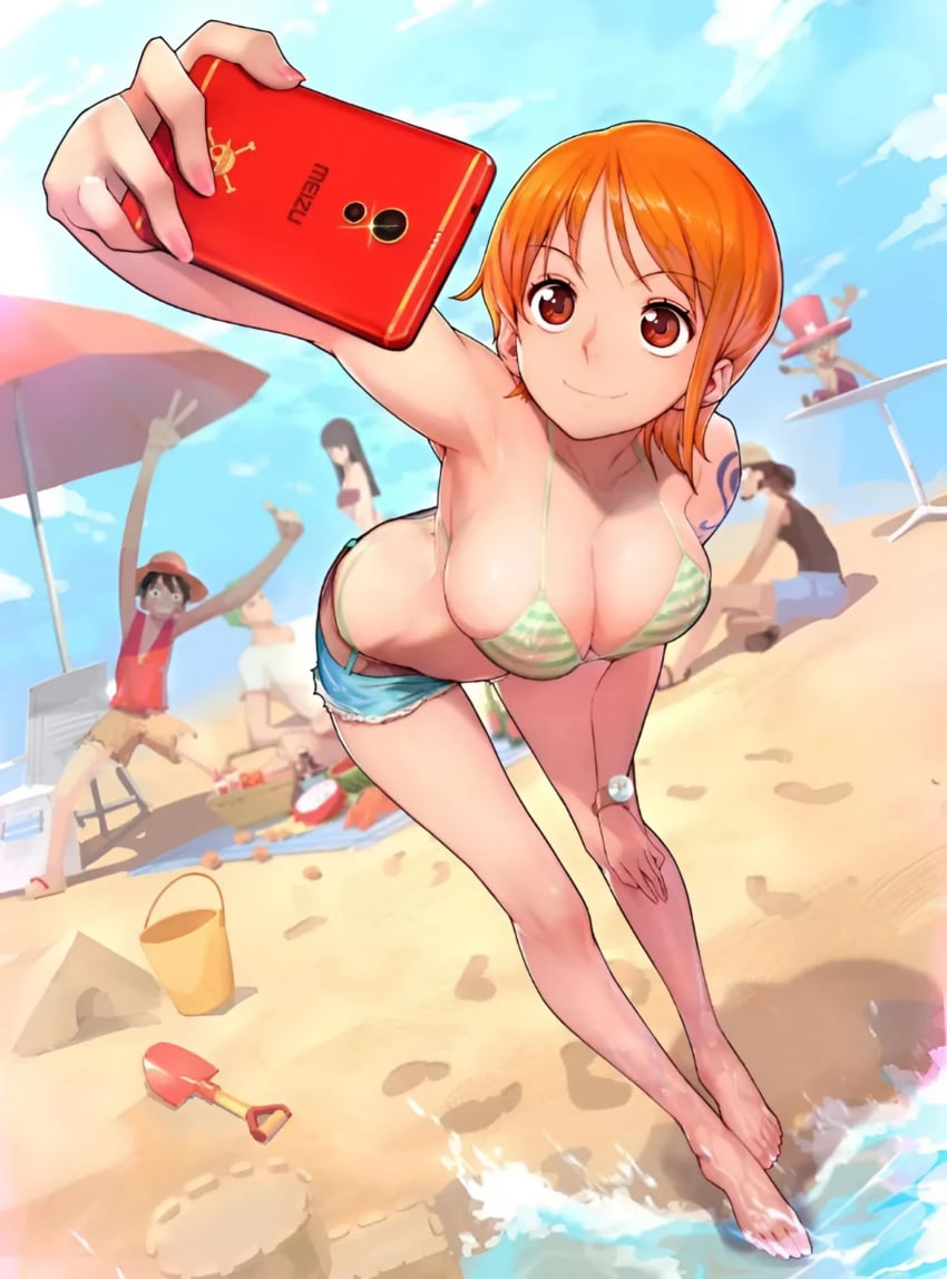 2girls beach big_breasts bikini bikini_top curvy_body curvy_female luffy monkey_d_luffy multiple_boys nami nico_robin one_piece orange_hair pre-timeskip roronoa_zoro selfie usopp