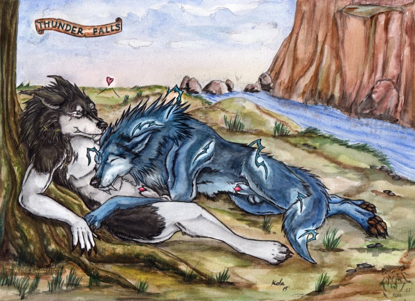 2015 anthro anthro_on_feral artist_logo big_fangs black_body black_fur blizzard_entertainment blue_body blue_fur canid canine dated duo fangs feral fur genitals kola_(artist) logo lying male male/male mammal mouth_closed nude on_side outside penis penis_tip plant reclining red_penis rock signature teeth tree warcraft water werecanid werecreature white_body white_fur worgen zoophilia