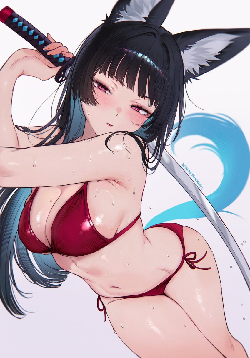 :p alternate_costume animal_ear_fluff animal_ears armpit_crease bare_shoulders bikini black_hair blue_hair blue_tail blush breasts colored_inner_hair cowboy_shot female fox_ears fox_girl fox_tail grey_background highres holding holding_sword holding_weapon hoshimi_miyabi katana large_breasts long_hair looking_at_viewer multicolored_hair navel paid_reward_available parted_lips patreon_username qiandaiyiyu red_bikini red_eyes side-tie_bikini_bottom simple_background solo stomach swimsuit sword tail tongue_out very_long_hair weapon wet zenless_zone_zero