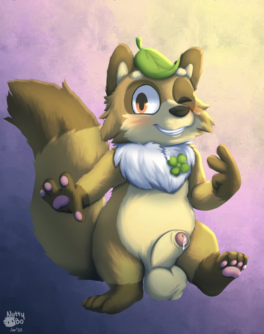 balls belly blush bodily_fluids canid canine clover_(disambiguation) erection fur genital_fluids genitals hi_res humanoid_genitalia humanoid_penis looking_at_viewer male mammal nude nutty_bo penis precum raccoon_dog simple_background smile tail tanuki