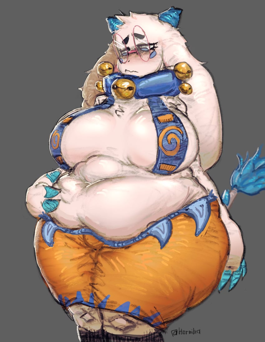 1girls angela_flux_(kiseff) anthro atlyss bells blue_eyes blue_horns chubby claws covered_nipples curvaceous dragon_tail embarrassed furry grabbing_belly hornilka horns kubold_(atlyss) long_ears navel overweight slight_blush tail thick_thighs venus_body voluptuous white_fur