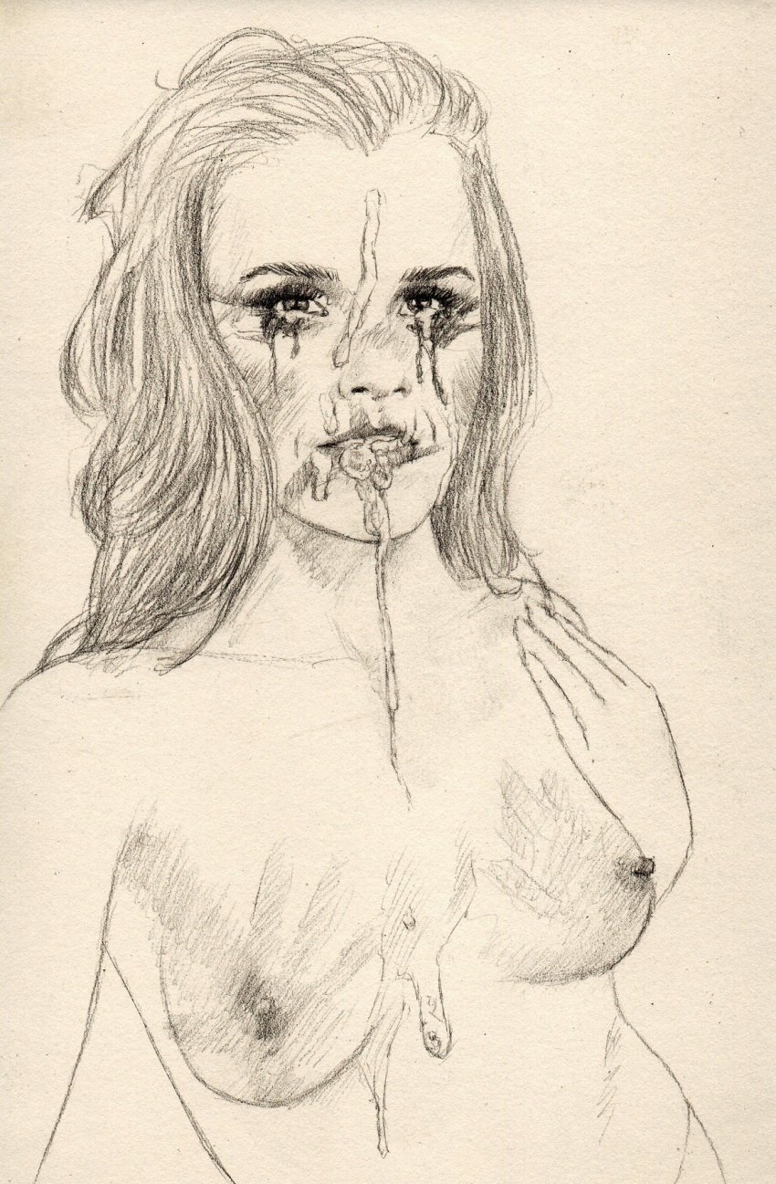 1girls actress after_fellatio almoner_atticus british brown_eyes brown_hair celebrity crying cum_in_mouth cum_on_face emma_watson hand_mark looking_at_viewer mascara mascara_tears petite real_person running_mascara runny_makeup selfie sketch small_breasts