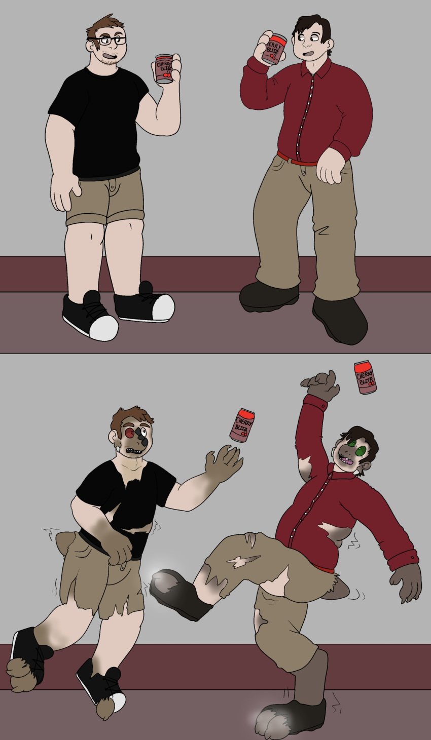 anthro clothing demi_transformation duo hi_res human male mammal simple_background species_transformation sstinkies transformation transformation_by_substance