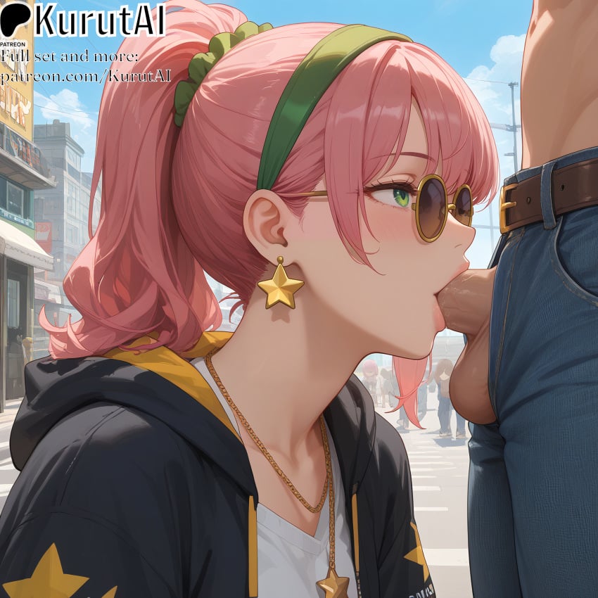 1boy 1girls :>= ai_generated artist_name artist_signature bangs belt blue_sky blush building city cityscape cloud cloudy_sky day denim earrings eyewear_on_head fellatio green_eyes hi_res high_quality high_res high_resolution highres hood hoodie jacket jeans jewelry kurutai long_hair miyuki_(kurutai) necklace oc open_fly oral original original_artwork original_character outdoors pants patreon penis pink_hair ponytail sky solo_focus star_\(symbol\) star_earrings star_hair_ornament star_necklace star_pasties straight sunglasses testicles tinted_eyewear uncensored