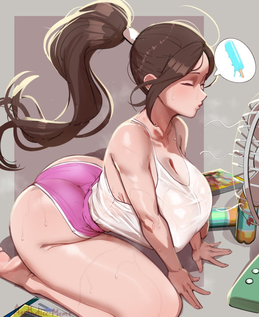 aestheticc-meme alternate_costume big_breasts dolphin_shorts fatal_fury female heat_(temperature) hi_res highres huge_breasts mai_shiranui pink_shorts popsicle see-through_clothing street_fighter_6 sweat sweatdrop sweating tagme