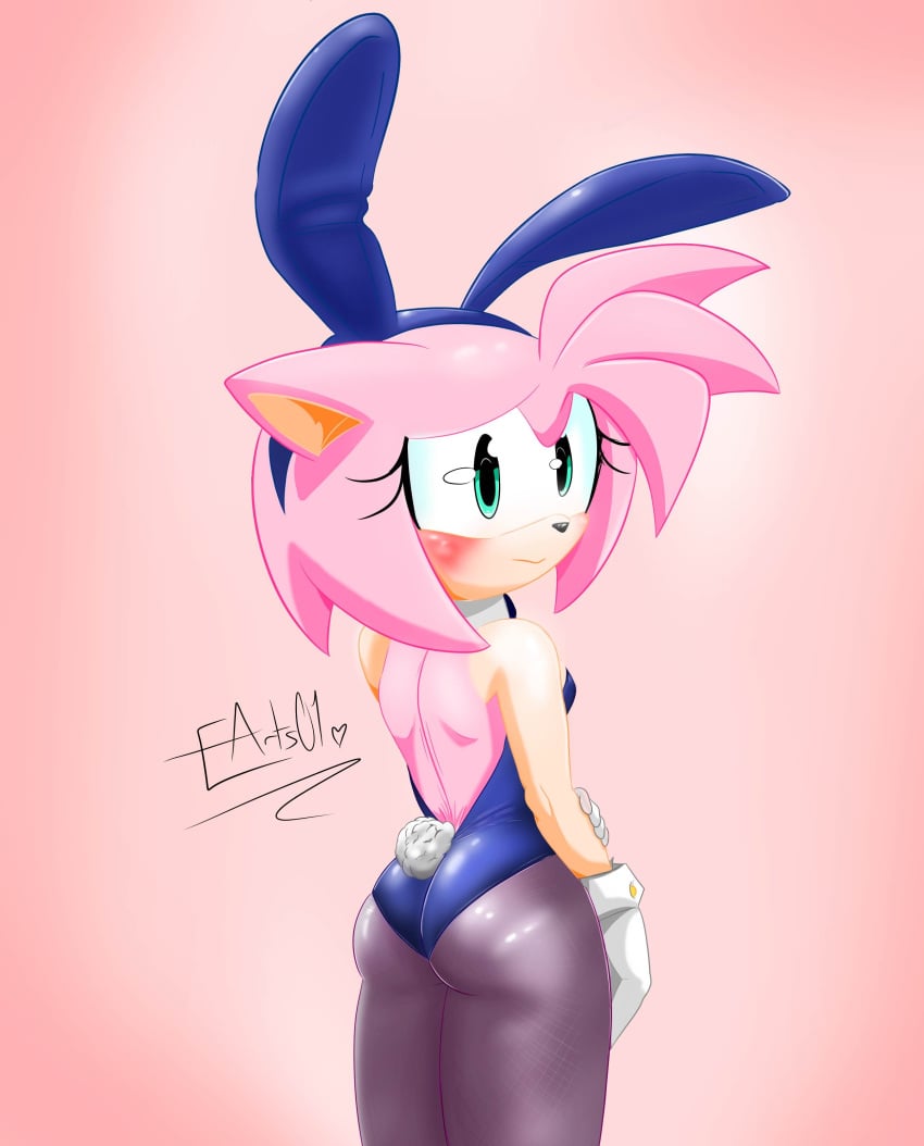 amy_rose bunny_ears bunny_girl bunnysuit embarrassed_female etzioarts01 pantyhose presenting_ass sonic_(series)