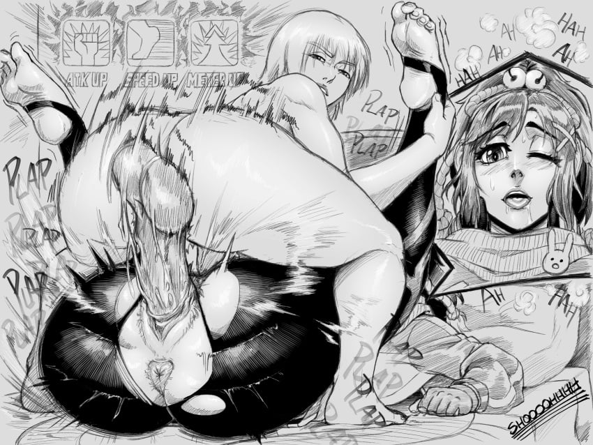 1boy 1girls absurd_res anus commission crossover dead_or_alive eliot_(doa) female_pubic_hair fighting_ex_layer greyscale happy_sex hi_res mating_press monochrome nanase_(street_fighter) one_eye_closed onomatopoeia penis pubic_hair pussy shoooohhhh signature straight vaginal_penetration