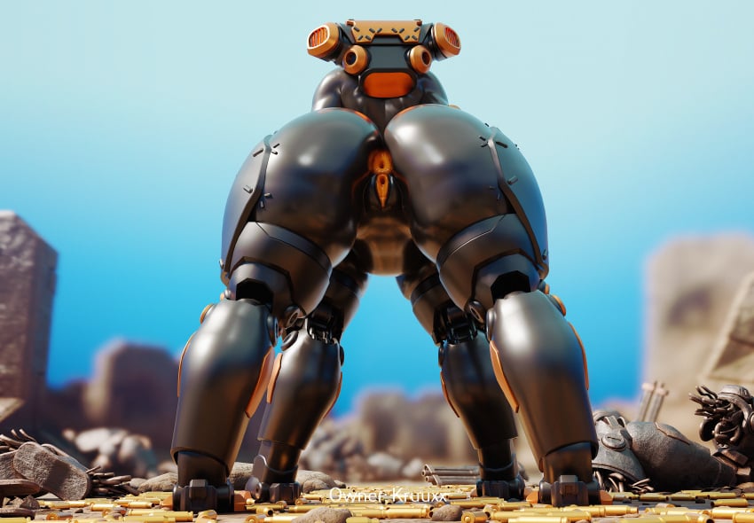 4_legs absurd_res anus apulaz ass backpack belly big_butt dark_body female genitals hi_res machine orange_anus orange_pussy orisa overwatch puffy pussy quadruped robot solo taur thick_thighs valkyrie-1_(kruuxx)