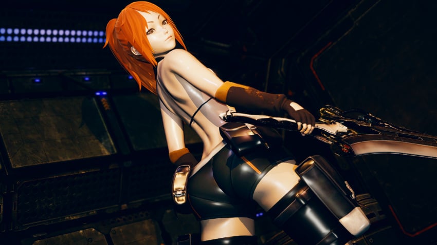 1girls 3d 3d_(artwork) alternate_version_available ass back_view blade bubble_ass bubble_butt code_vein flat_n_thick gloves honey_select honey_select_2 long_hair looking_back omegas orange_hair pantylines perky_ass ponytail revealing_clothes rin_murasame shiny_skin shorts small_breasts solo sword thighhighs tight_ass