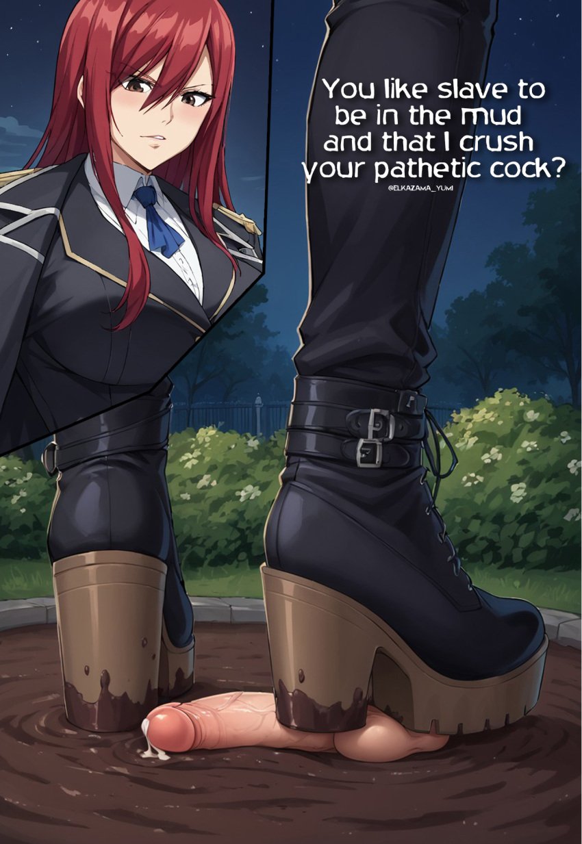 ai_generated crushed_testicles crushing dirty disgusted disgusting elkazama_yumi erza_scarlet femdom foot_fetish mud stomp trample