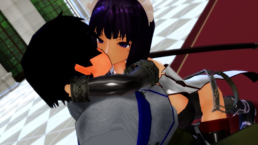 alf_(girl_beats_hero) armour blurry_background boko877 dead_eyes girl_beats_hero hands_behind_head kiss_on_lips kissing knight lidded_eyes maid_headdress mmd ninja scabbard seductive shisen_(girl_beats_hero) surprise surprised sword_sheath vacant_stare