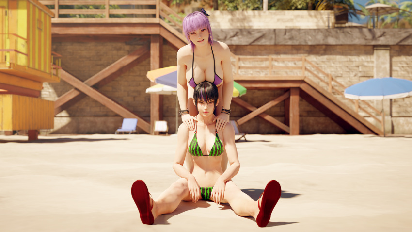 2girls alluring ayane_(doa) beach big_breasts bikini black_and_red_and_purple_hair chrissy_tee cleavage crossover dead_or_alive kunimitsu kunimitsu_ii kunoichi lavender_eyes lavender_hair namco silf tecmo tekken watermelon_bikini