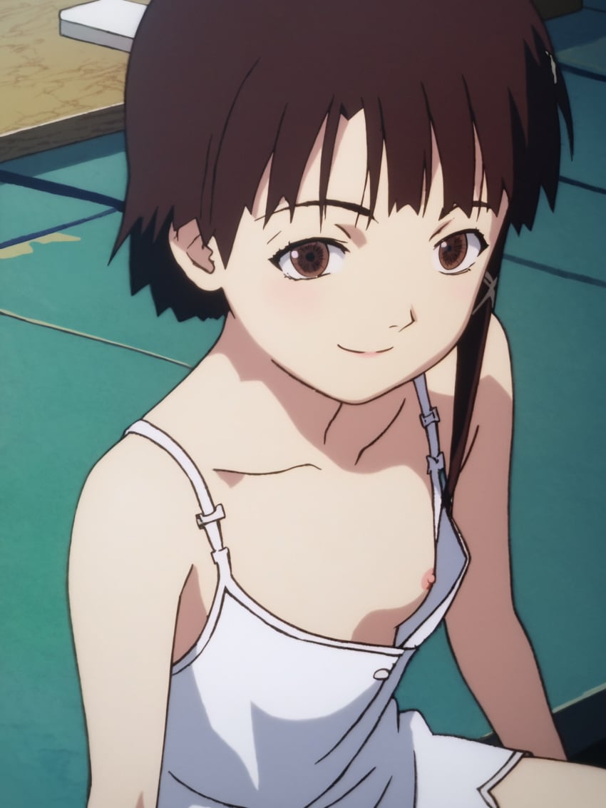 1girls ai_generated bare_shoulders breasts brown_eyes brown_hair camisole clothed clothing collarbone dress exposed_breasts exposed_nipples hair_ornament hairclip lain_iwakura looking_at_viewer nipples nipslip no_bra no_bra_under_clothes partially_clothed serial_experiments_lain short_hair sitting small_breasts smile smiling smiling_at_viewer solo_female tagme wardrobe_malfunction white_camisole white_dress x_hair_ornament