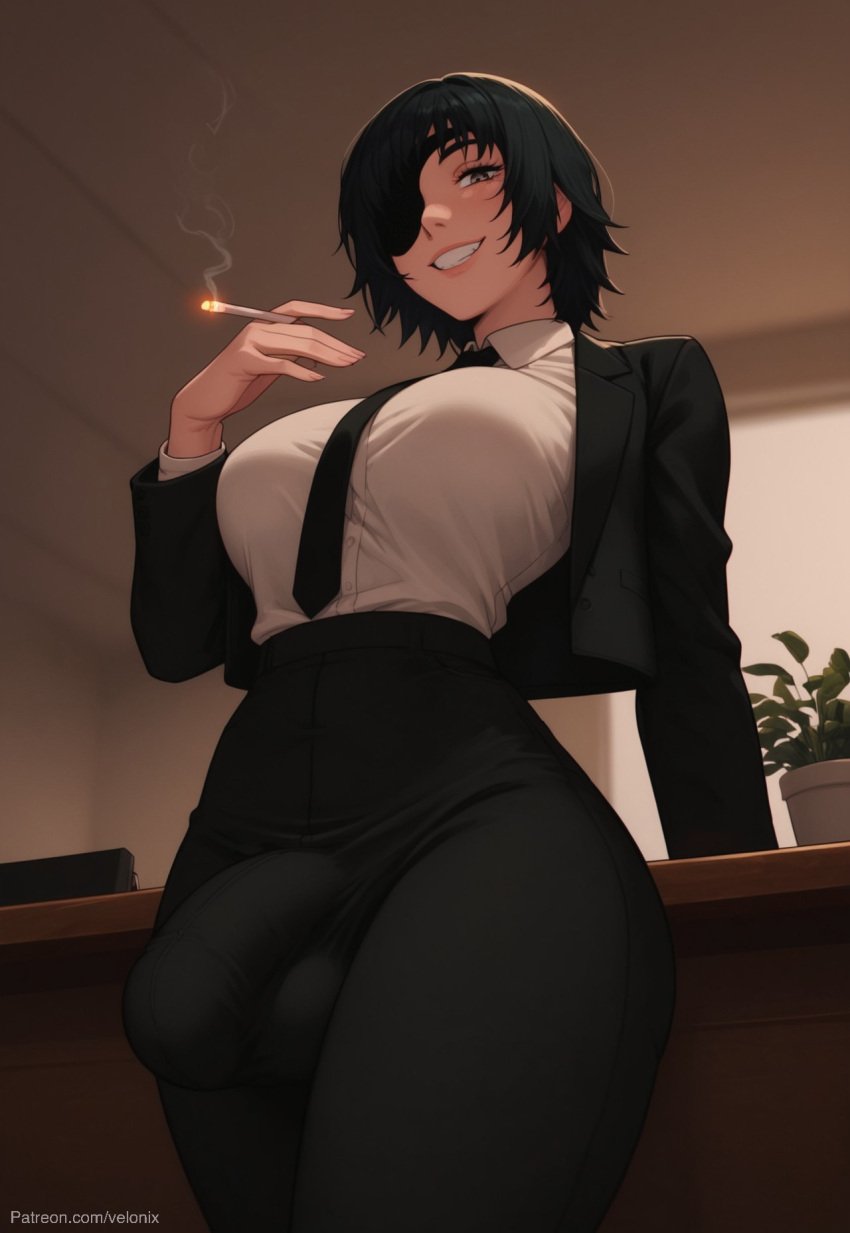 1futa ai_generated ass balls big_ass big_breasts big_butt big_hips big_penis black_eyes black_hair black_jacket black_pants black_tie breasts bulge bulge_through_clothing business_attire business_suit business_woman chainsaw_man cigarette cleavage dick dickgirl eyebrows eyelashes eyepatch fire from_below futa_only futanari grin grinning grinning_at_viewer hands-free himeno_(chainsaw_man) huge_cock indoors intersex jacket lips long_hair looking_at_viewer makeup medium_hair narrow_waist narrowed_eyes nose pants penis seducing seductive seductive_eyes seductive_gaze seductive_look seductive_mouth seductive_pose seductive_smile shirt short_hair side_view smile smile_at_viewer smiley_face smoke smoking smoking_cigarette smooth_balls smooth_penis smooth_skin solo solo_dickgirl solo_focus solo_futa suit suit_and_tie taker_pov testicles tie under_view velonix white_shirt